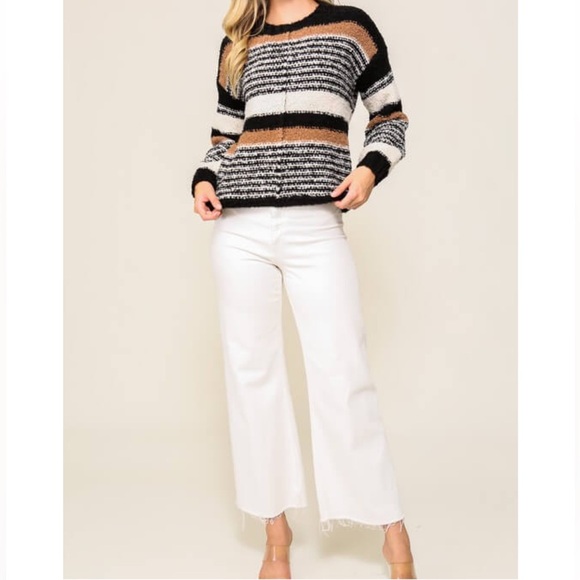 Saltwater Luxe Lizzy Striped Black & Tan Cozy Crewneck Sweater - Picture 2 of 15